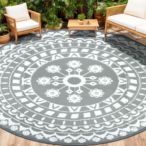 Capslpad Rund Außenterrasse Teppich ∅240cm Wende Picknickmatte Wasserdichter Kunststoff-Strohteppich Boho Innen Außenbereich Teppich für Wohnmobil Hinterhof Balkon Picknick Strand, Grau von Capslpad