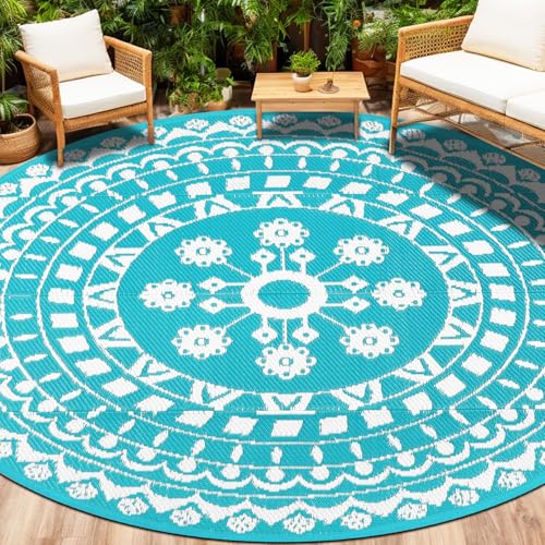 Capslpad Rund Außenterrasse Teppich ∅240cm Wende Picknickmatte Wasserdichter Kunststoff-Strohteppich Boho Innen Außenbereich Teppich für Wohnmobil Hinterhof Balkon Picknick Strand, Teal von Capslpad
