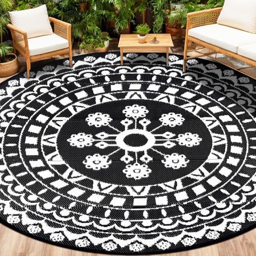 Capslpad Rund Außenterrasse Teppich ∅240cm Wende Picknickmatte Wasserdichter Kunststoff-Strohteppich Boho Innen Außenbereich Teppich für Wohnmobil Hinterhof Balkon Picknick Strand,Schwarz von Capslpad