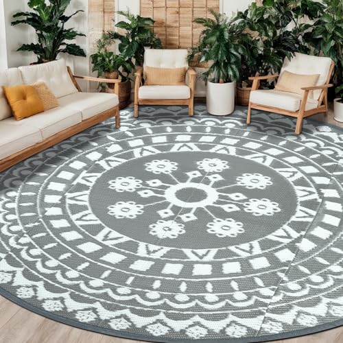 Capslpad Rund Außenterrasse Teppich ∅300cm Wende Picknickmatte Wasserdichter Kunststoff-Strohteppich Boho Innen Außenbereich Teppich für Wohnmobil Hinterhof Balkon Picknick Strand, Grau Capslpad Rund Außenterrasse Teppich ∅300cm Wende Picknickmatte Wasserdichter Kunststoff-Strohteppich Boho Innen Außenbereich Teppich für Wohnmobil Hinterhof Balkon Picknick Strand, Grau von Capslpad