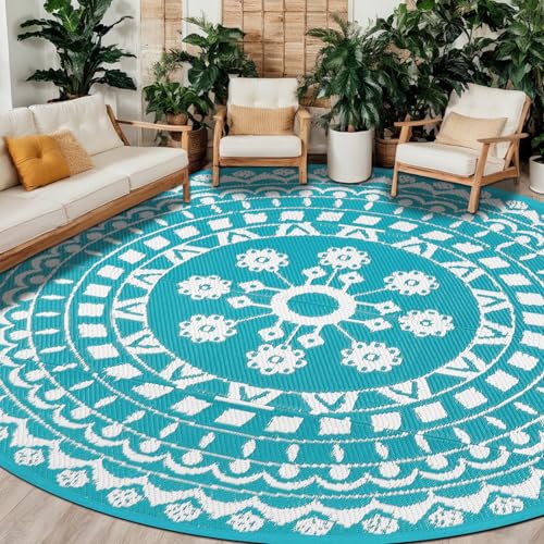Capslpad Rund Außenterrasse Teppich ∅300cm Wende Picknickmatte Wasserdichter Kunststoff-Strohteppich Boho Innen Außenbereich Teppich für Wohnmobil Hinterhof Balkon Picknick Strand, Teal von Capslpad