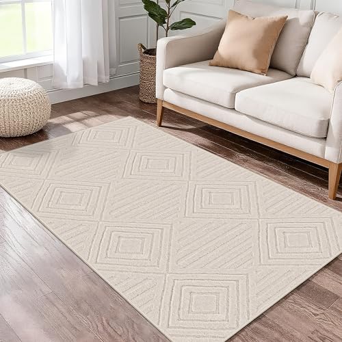 Capslpad Teppich Läufer Flur 80x150cm Beige Modern Waschbar Küchenläufer Teppich 3D Geometrie Hoch Tief Effekt rutschfest Teppiche Weich Teppiche für Wohnzimmer Schlafzimmer von Capslpad