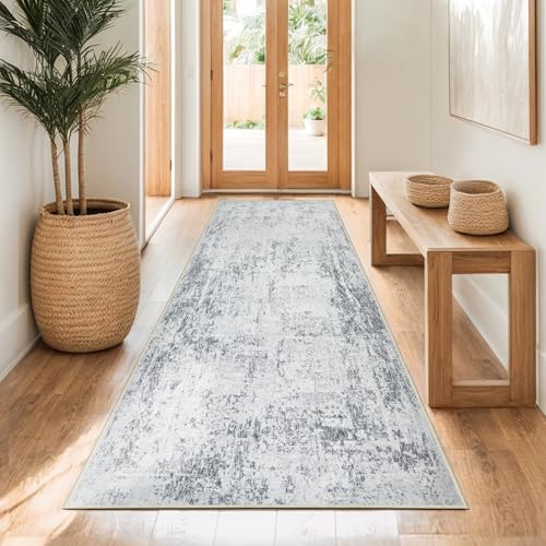 Capslpad Teppich Läufer Flur 80x200cm Grau Abstrakter Waschbar rutschfest Küchenläufer Teppich Modern Minimalistisch Kurzflor Kunstwolle Teppiche für Wohnzimmer Schlafzimmer von Capslpad