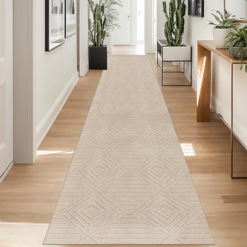 Capslpad Teppich Läufer Flur 80x300cm Beige Modern Waschbar Küchenläufer Teppich 3D Geometrie Hoch Tief Effekt rutschfest Teppiche Weich Teppiche für Wohnzimmer Schlafzimmer von Capslpad