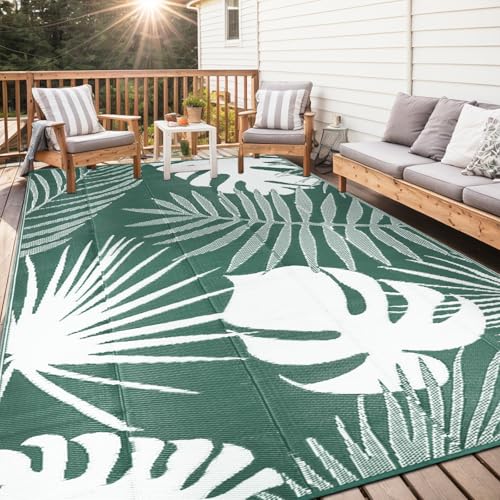 Capslpad Outdoor Teppich Wetterfest 240x305cm Faltbar Reversible Kunststoff Strohmatte Wendematte Tragbarer Campingbereich Teppiche Gegend Teppich für Picknick RV Terrasse Garten Strand, Dunkelgrün von Capslpad