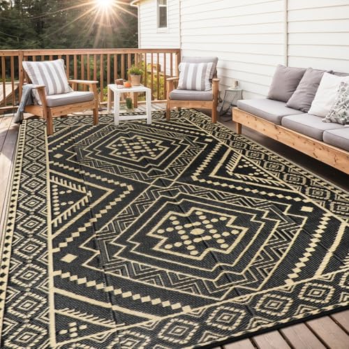 Capslpad Outdoor Teppich Wetterfest 245x305cm Reversible Geometrie Kunststoff Strohmatte UV-beständiger Faltbar Tragbarer Campingbereich Teppiche für Picknick RV Garten Strand, Schwarzes Kamel von Capslpad