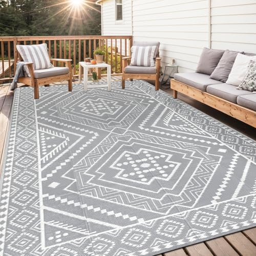 Capslpad Outdoor Teppich Wetterfest 240x305cm Reversible Geometrie Kunststoff Strohmatte UV-beständiger Faltbar Tragbarer Campingbereich Teppiche für Picknick RV Garten Strand, Grau von Capslpad