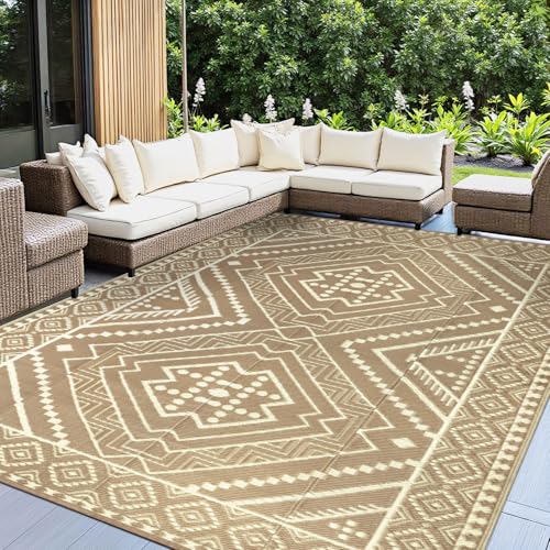 Capslpad Outdoor Teppich Wetterfest 270x365cm Reversible Geometrie Kunststoff Strohmatte UV-beständiger Faltbar Tragbarer Campingbereich Teppiche für Picknick RV Garten Strand, Beige von Capslpad