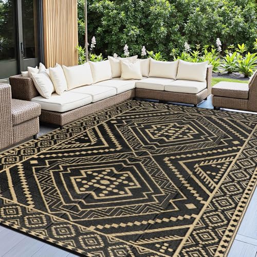 Capslpad Outdoor Teppich Wetterfest 270x365cm Reversible Geometrie Kunststoff Strohmatte UV-beständiger Faltbar Tragbarer Campingbereich Teppiche für Picknick RV Garten Strand, Schwarzes Kamel von Capslpad