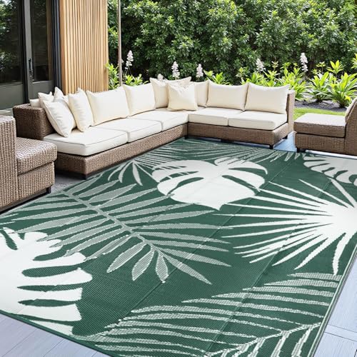 Capslpad Outdoor Teppich Wetterfest 270x365cm Faltbar Reversible Kunststoff Strohmatte Wendematte Tragbarer Campingbereich Teppiche Gegend Teppich für Picknick RV Terrasse Garten Strand, Dunkelgrün von Capslpad