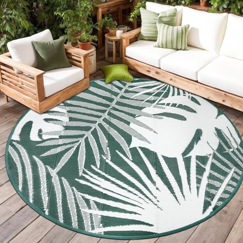 Capslpad Rund Outdoor Teppich Wetterfest ∅180cm Reversible Kunststoff Faltbar Strohmatte Wendematte Tragbarer Campingbereich Teppiche Gegend Picknick Zeltteppich Garten Hinterhof Strand, Dunkelgrün von Capslpad