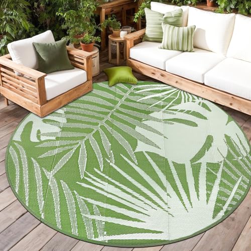 Capslpad Rund Outdoor Teppich Wetterfest ∅180cm Reversible Kunststoff Faltbar Strohmatte Wendematte Tragbarer Campingbereich Teppiche Gegend Picknick Zeltteppich Garten Hinterhof Strand, Salbeigrün von Capslpad