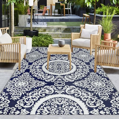 Capslpad Wendematten Boho Blumen-Outdoor-Teppich 150x245cm für Terrasse Tragbarer Kunststoff-Strohteppich Wasserdichter Wohnmobil-Campingteppich für Veranda Balkon Hinterhof Strand Grilldeck Deck,Blau von Capslpad