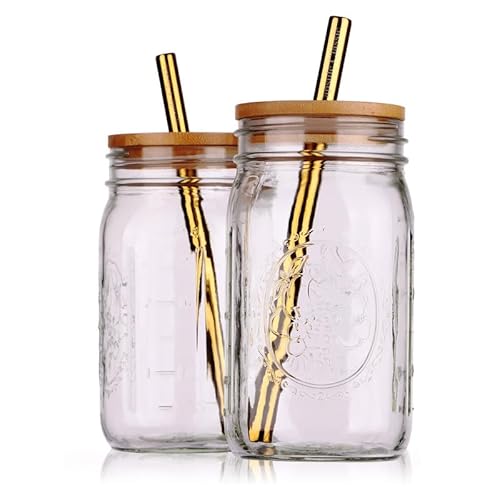 Wiederverwendbare Boba Bubble Tea & Smoothie Becher – 2 Gläser mit breiter Öffnung 900 ml Einmachgläser mit Bambusdeckel – 2 wiederverwendbare goldene Boba-Strohhalme aus Edelstahl Wiederverwendbare Boba Bubble Tea & Smoothie Becher – 2 Gläser mit breiter Öffnung 900 ml Einmachgläser mit Bambusdeckel – 2 wiederverwendbare goldene Boba-Strohhalme aus Edelstahl von Capsule Classic