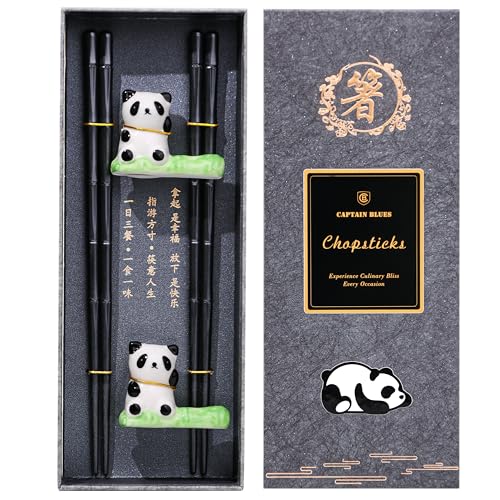 Captain Blues 2 Paar Essstäbchen-Set: Chinesische Stäbchen, rutschfeste Fiberglas Sushi-Stäbchen , wiederverwendbare japanische Chopsticks,Spülmaschinenfest mit 2 Panda-Keramik Stäbchenhaltern von Captain Blues