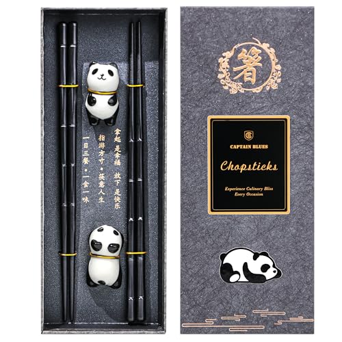Captain Blues 2 Paar Essstäbchen-Set: Chinesische Stäbchen, rutschfeste Fiberglas Sushi-Stäbchen , wiederverwendbare japanische Chopsticks,Spülmaschinenfest mit 2 Panda-Keramik Stäbchenhaltern von Captain Blues