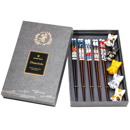 Captain Blues 5 Paar Essstäbchen aus Eisenholz - Wiederverwendbare Chinesische & Japanische Essstäbchen mit 5 eleganten Katzen-Keramik Stäbchen Halter und Sushi-Stäbchen Chopsticks in Geschenkbox von Captain Blues