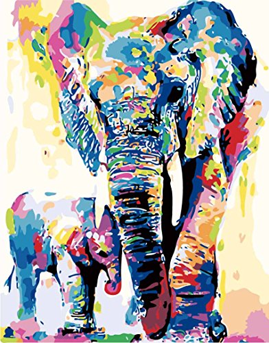 CaptainCrafts Malen nach Zahlen Erwachsene DIY Kit 16x20 Zoll Inklusive Farbe und Pinsel Leinen Leinwand Geschenk Wohnkultur (Farbelefant und Baby Elefant, Mit Rahmen) von CaptainCrafts