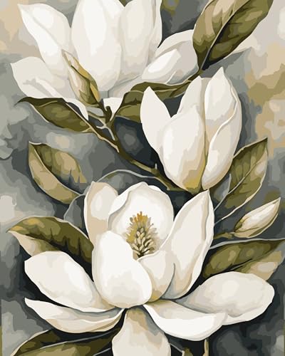 CaptainCrafts Malen nach Zahlen Erwachsene DIY Malen nach Zahlen Kit enthält Pigmente Leinen Leinwand Pinsel DIY Ölmalerei 40x50cm (Rahmenlos, Weiße Magnolien blumen) von CaptainCrafts