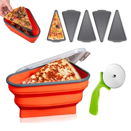 Zusammenklappbare Pizza-Box, wiederverwendbarer Silikon-Pizza-Aufbewahrungsbehälter mit Pizzaschneider-Rad und 5 mikrowellengeeigneten Tabletts, übrig gebliebener Pizzahalter, von CarPlusStudio