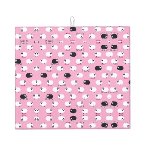 Abtropfmatte mit weißem Schaf auf rosa Hintergrund, stilvolle Abtropfmatte, saugfähiges und vielseitiges Küchenzubehör, mit charmantem Druckdesign von CarXs