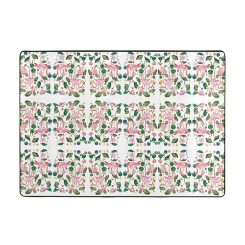 Flamingo-Teppich, rund, Blätter, 203 x 147 cm, bedruckter Teppich, weicher Flanellstoff, geeignet für verschiedene Umgebungen von CarXs