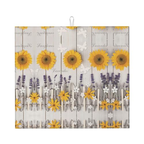 Stilvolle Abtropfmatte Sonnenblumen auf Holz - saugfähiges und vielseitiges Küchenzubehör, mit charmantem Druckdesign von CarXs