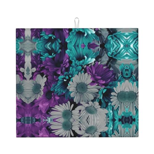 Stilvolle Abtropfmatte mit lila und blaugrünen Blumen, saugfähiges und vielseitiges Küchenzubehör, mit charmantem Druckdesign von CarXs