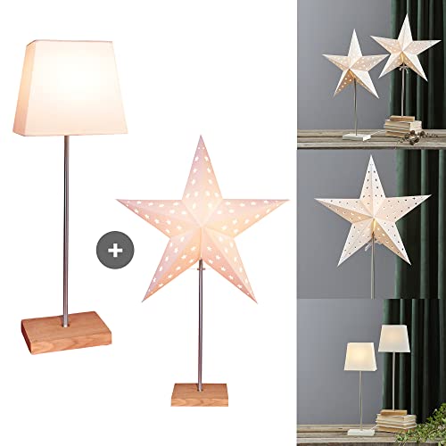 Tischlampe mit Wechselschirm Leo von Star Trading, 3D Papierstern Weihnachten oder eckiger Lampenschirm in Weiß mit Fuß aus Holz und Metall, Dekostern Tischleuchte mit Kabelschalter, E14, Höhe: 65 cm von Star