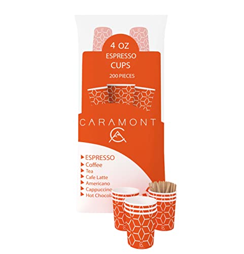 Caramont, 200 Espresso Pappbecher 4 Oz mit Holz Rührstäbchen,Umweltfreundlich Hitzebeständig,Ideal für alle heißen Getränke;Kaffee,Tee,Schokolade etc. von Caramont