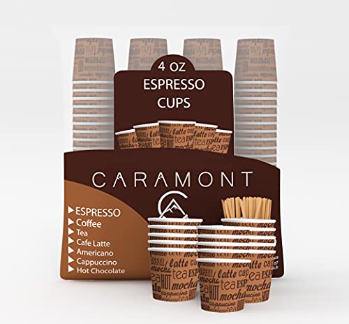 Caramont 400 Espresso Pappbecher 4 Oz mit Holz Rührstäbchen,Umweltfreundlich Hitzebeständig,Ideal für alle heißen Getränke;Kaffee,Tee,Schokolade etc. von Caramont