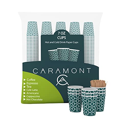 Caramont 400 Pappbecher 7 Oz mit Holz Rührstäbchen,Umweltfreundlich Hitzebeständig,für Kalte,Heiße Getränke aus,Ideal für Kaffee,Tee,Geburtstag usw. von Caramont