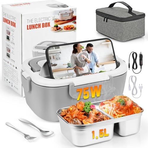75W Elektrische Lunchbox Speisenwärmer Auto 3 In 1(12V/24V/220V) mit Gabel Löffel Abnehmbare Edelstahl Heizungs Lunchbox Elektrisch Brotdose Tragbarer Warmhaltebehälter für LKW Haushalt Camping von Carastek