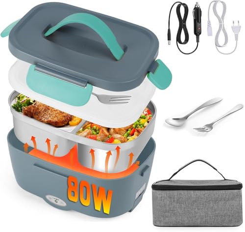 80W Elektrische Lunchbox Speisenwärmer Auto 3 In 1(12V/24V/220V) mit Gabel Löffel Abnehmbare Edelstahl Heizungs Lunchbox Elektrisch Brotdose Tragbarer Warmhaltebehälter für LKW Haushalt Camping von Carastek