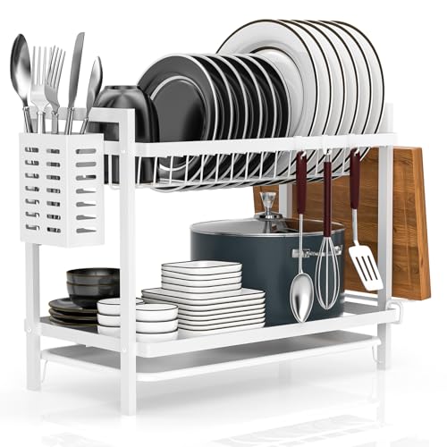 Carastek Abtropfgestell Geschirr, Geschirrkorb Geschirrabtropfgestell Edelstahl Geschirr Abtropfständer Geschirrabtropfgestell mit Utensilienhalter Abtropfschale Haken für Küchentheke Spüle Organizer von Carastek