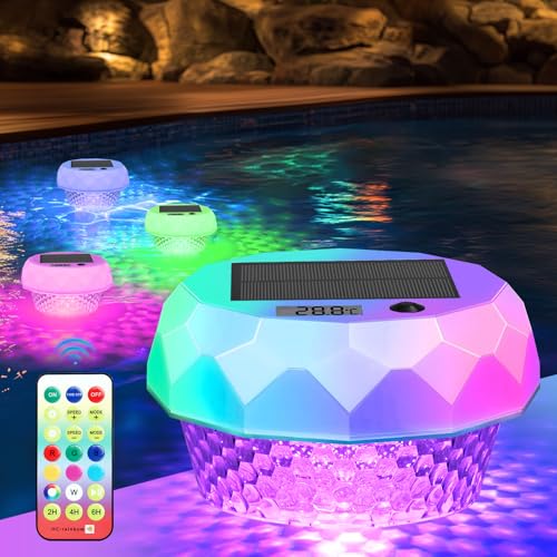 Solar Poolbeleuchtung, LED Schwimmende Pool Licht mit Fernbedienung Thermometer IP68 Wasserdichte RGB Farbwechsel Solarlampe Deko Schwimmende Teichbeleuchtung für Dekoration von Schwimmbädern von Carastek