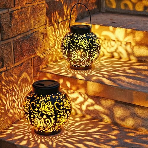 Solarlampen für Außen, 2 Stück LED Metall Schmetterling Solarlaterne Solarlampen Balkon DekoHängend/Stehend Solarlampen IP65 Wasserdicht Solarleuchten Gartendeko für Terrasse Garten Innenhof von Carastek