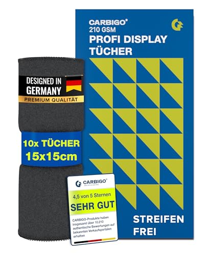 Carbigo® 210 GSM Profi Mikrofasertuch Display – Streifenfreie Reinigung von Display, Brillen, Bildschirmen – Fusselfreies & weiches Microfasertuch Display – Innovatives Poliertuch Display 15x15cm (10) von Carbigo