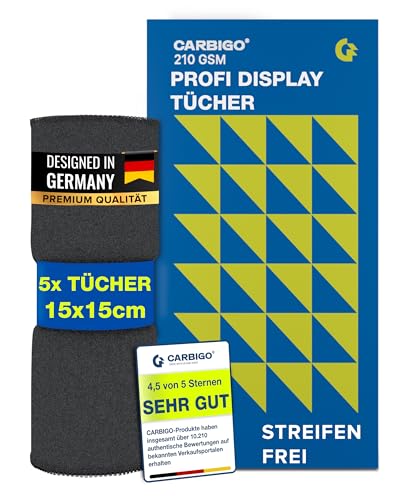 Carbigo® 210 GSM Profi Mikrofasertuch Display – Streifenfreie Reinigung von Display, Brillen, Bildschirmen – Fusselfreies & weiches Microfasertuch Display – Innovatives Poliertuch Display 15x15cm (5) von Carbigo