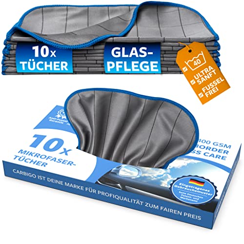Carbigo® Box 10x Mikrofaser Glastücher – Microfasertuch Glas für streifenfreie Reinigung von Scheiben, Fenster, Gläser – Kristallklare Autoscheiben – Perfekte Microfaser Glastücher 25x25cm (400 GSM) von Carbigo
