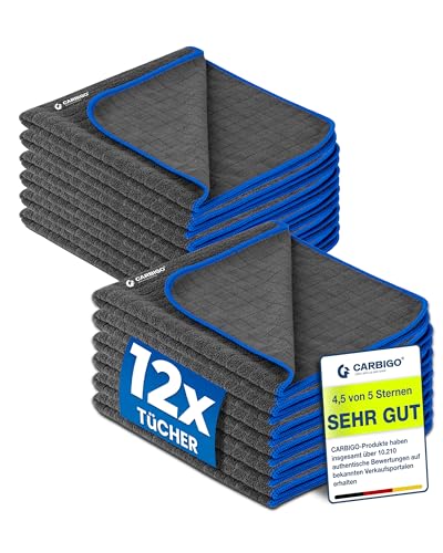Carbigo® Profi Mikrofasertücher mit 380 GSM – Extrem saugstark & lackschonend dank weicher Mikrofaser – Fusselfreie Poliertücher zur Reinigung von Auto und Motorrad – Mikrofasertücher Auto 40x40cm(12) von Carbigo
