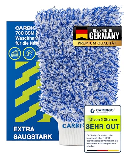 Carbigo® Profi Waschhandschuh Auto – Extrem saugstarker Autowaschhandschuh – Idealer Mikrofaser Handschuh und Felgenhandschuh – Perfekt für Nassreinigung von Autos, Motorräder oder Haushalt (Blau) von Carbigo