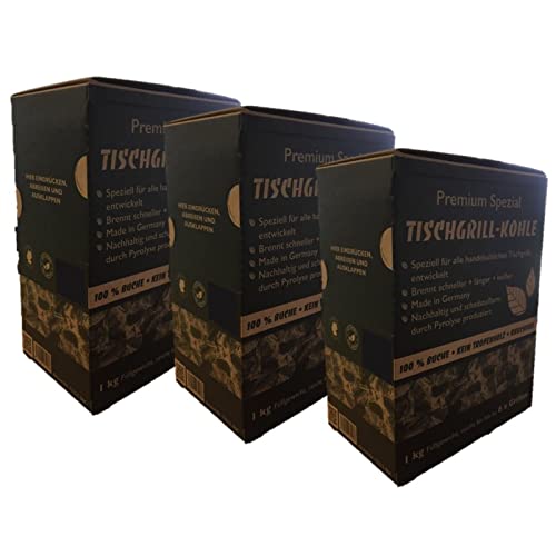 3 x 1 kg Premium Spezial Tischgrill Holzkohle für alle handelsüblichen Tischgrills, rauchfrei, 100% Buche, im praktischen Schüttkarton von Carbo Verte