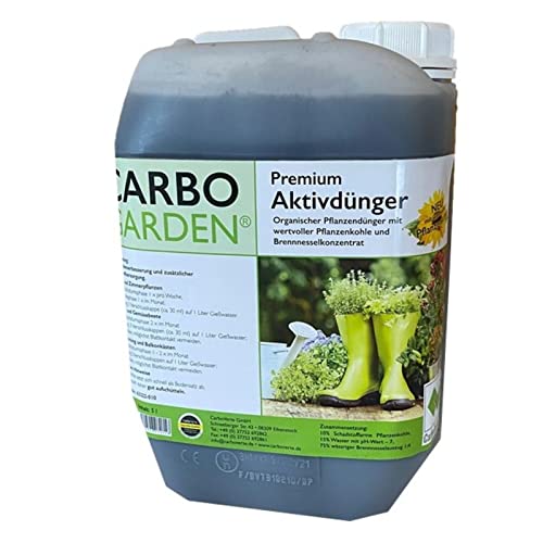 Aktivdünger, flüssig, 5 Liter Kanister, mit natürlichen Brennesselkonzentrat und wertvoller Premium Pflanzenkohle für alle Blüh- und Grünpflanzen von Carbo Verte