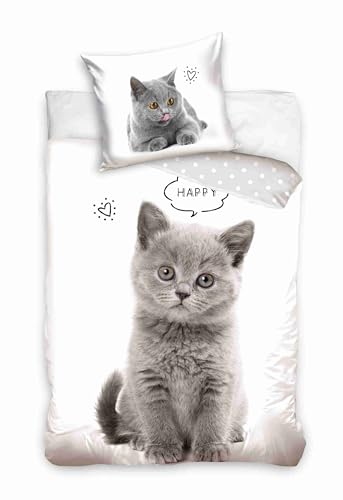 Carbotex Wendebettwäsche Katzenbaby süße Katze 135x200 + 80x80 cm 100% Baumwolle grau/weiß von Carbotex