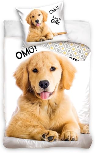 Carbotex Goldie Golden Retriever Wendebettwäsche Set NL211170B-4 für Kinder und Jugendliche 135x200cm/80x80cm von Carbotex