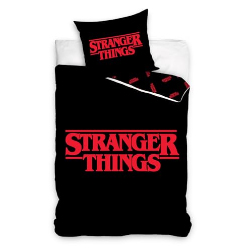 Carbotex Stranger Things Logo Einzelbettbezug Set mit Kissenbezug in europäischer Größe Bettwäsche aus 100% Baumwolle, wendbare Bettwäsche für Kinder und Teenager, Schwarz von Carbotex