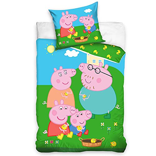 Familie | Peppa Pig | Wende Bettwäsche | Baumwolle | 135 x 200 cm | Garnitur von Carbotex