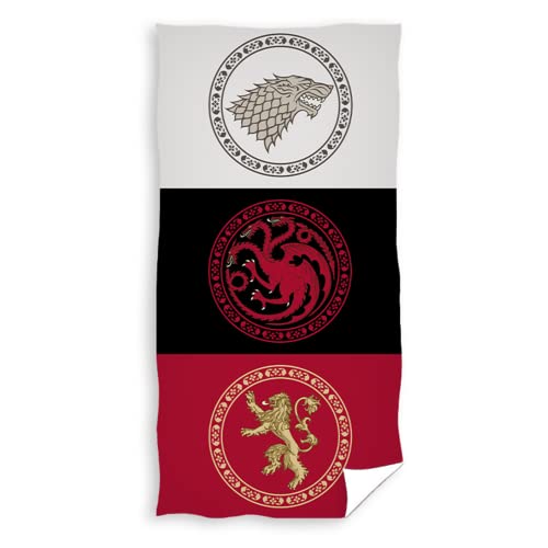 Game of Thrones Badetücher Set - 100% Baumwolle Schnelltrocknende, Super Weiche und Saugstarke Dusch Strandtücher - Coole Bunte Tücher mit Symbolen der beliebten Häuser der Serie (Grau, Rot, Schwarz) von Carbotex