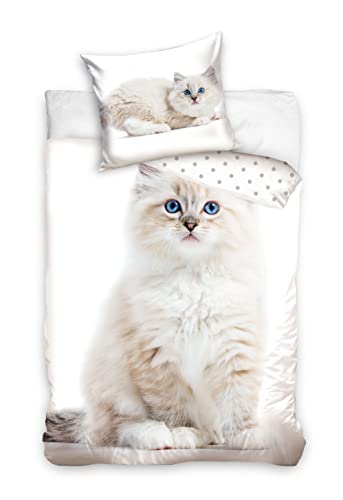 Carbotex Wendebettwäsche süße Katze 135 x 200 cm + 80 x 80 cm, 100% Baumwolle von Carbotex